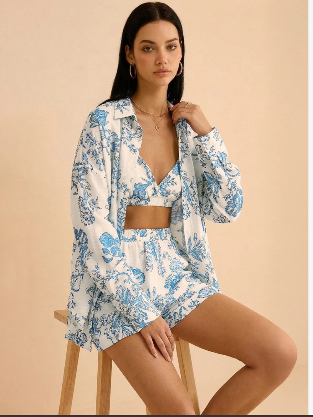 Commense White & Blue Floral Cotton Bralette, Shorts & Shirt Set